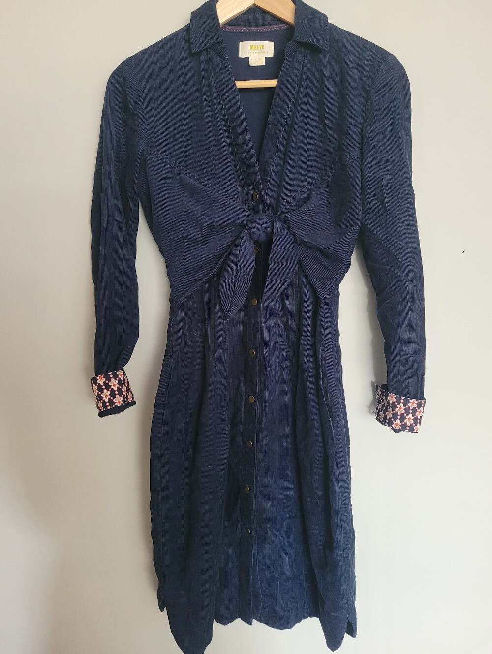 Anthropologie Maeve Winchester Navy Corduroy Tie-Front Shirt Dress Sz 0